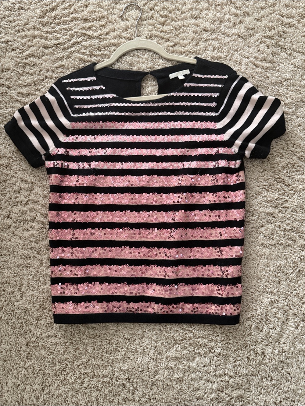 LISA TODD PINK & BLACK STRIPED SEQUIN LINEN COTTON CROPPED SWEATER SIZE S